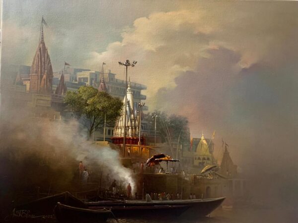 Amit Bhar, Banaras Ghat, Acrylic on Canvas, 24x32 Inches