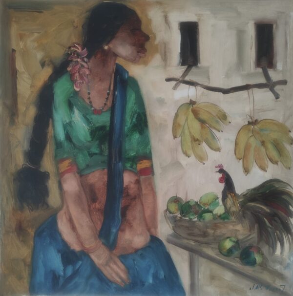 J M S Mani, Friut Seller, Oil on Canvas, 36x36 Inches