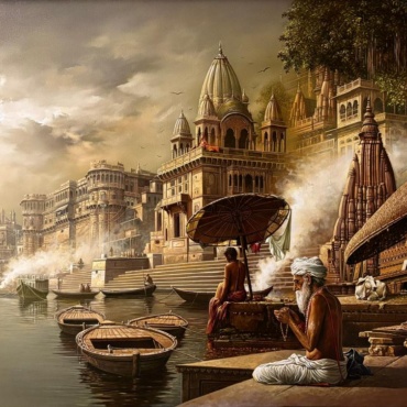 Amit Bhar, Banaras, Ghat, Oil on canvas, 36 x 60 Inches