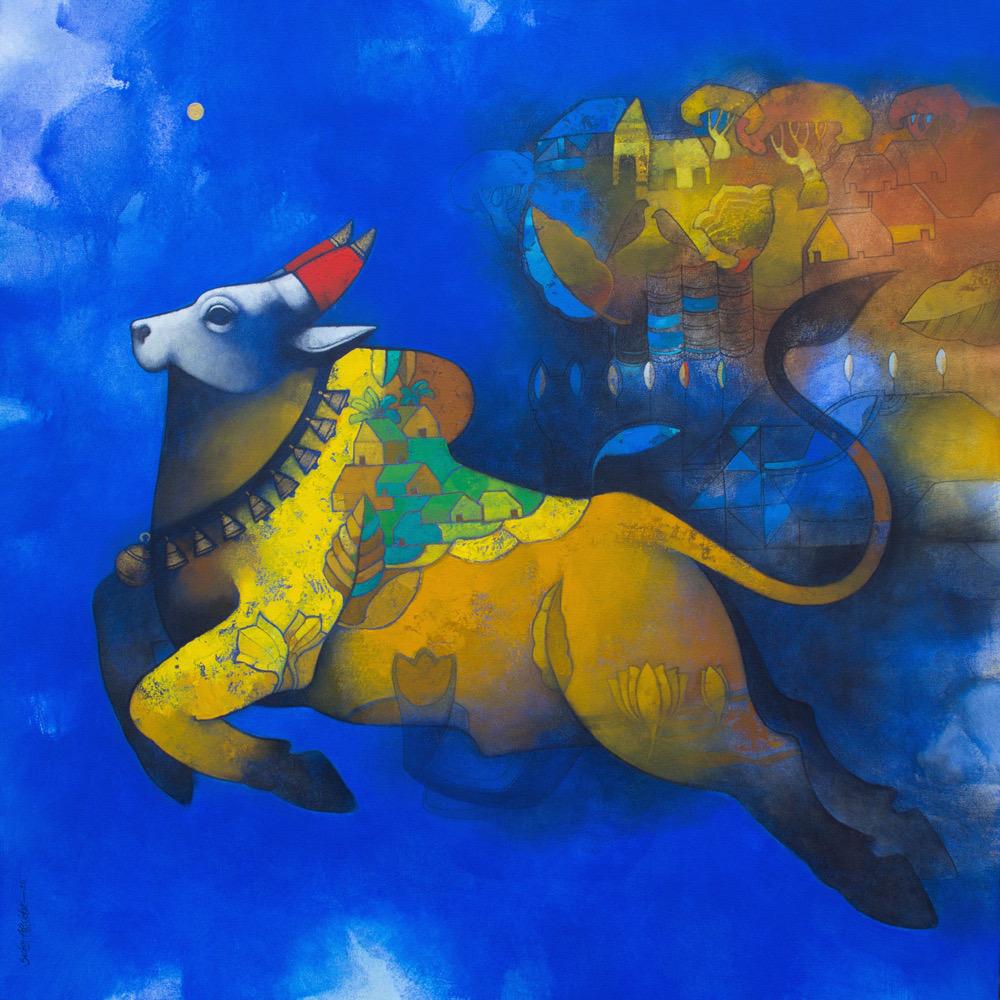 Sachin Akalekar, The Mighty Taurus (Nandi Series), Acrylic on canvas, 36 x 36 Inches