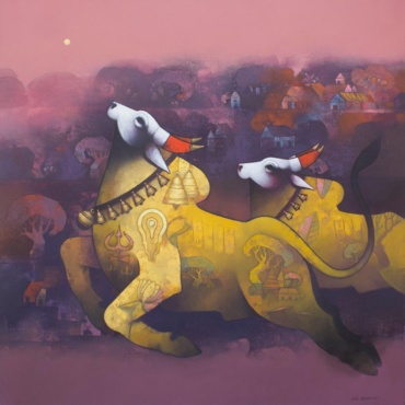 Sachin Akalekar , The Mighty Taurus (Nandi Series), Acrylic on canvas, 48  x 48 Inches